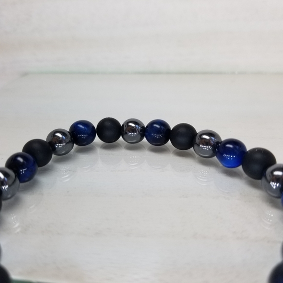 Blue Tiger Eye, Onyx & Hematite Stretch Bracelet - Picture 7 of 9
